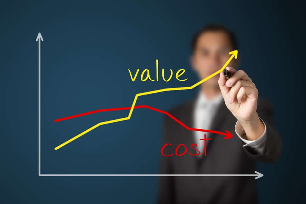 Business,Man,Writing,Increasing,Value,Against,Reducing,Cost,Graph